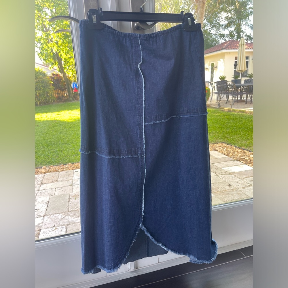 Denim patched midi jean skirt
